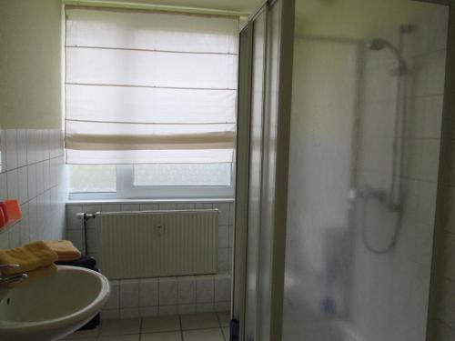 a bathroom with a sink and a shower with a window at Hotel Reesenhof in Witten