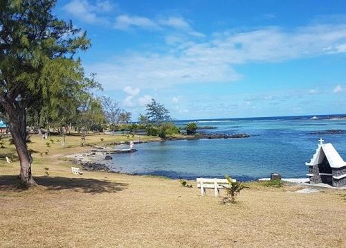 a beach with a white bench and a tree and water at Beautiful Affordable House - 5 minutes from the airport and 12 minutes to Blue bay beach in Mon Trésor