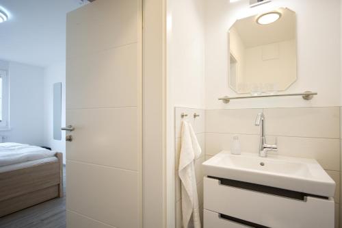 a white bathroom with a sink and a mirror at Ferienwohnung Hogwarts in Neddesitz