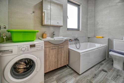 a bathroom with a washing machine and a sink at Anemomili Villas in Drapaniás