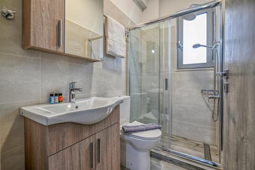 a bathroom with a toilet and a sink and a shower at Anemomili Villas in Drapaniás