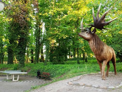 a statue of a deer standing in a park at MoryńApartments in Moryń