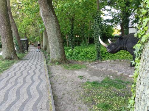 a statue of a bull standing next to a sidewalk at MoryńApartments in Moryń