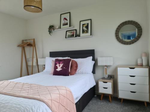 a bedroom with a bed and a dresser and a mirror at Pine Lodge @Puffin Lodges in Chwilog