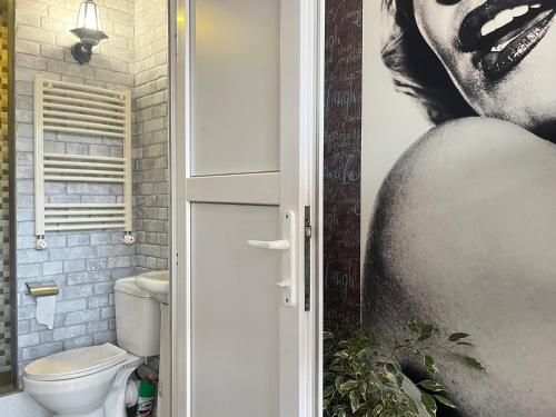 a bathroom with a toilet and a poster of a woman at Lake Sevan Hostel in Sevan