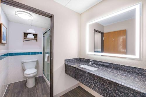 a bathroom with a toilet and a sink and a mirror at AmericInn by Wyndham Duluth South Proctor Black Woods Event Ctr in Duluth