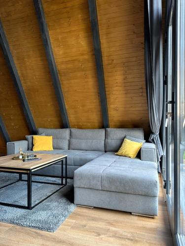 a living room with a couch and a table at Loon Moon Mountain Chalets in Sarajevo