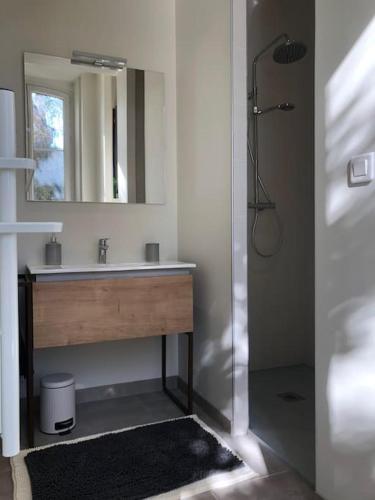 une salle de bain avec un lavabo et un miroir dans l'établissement #Accords - Très Grande Suite type Chambre d’hôtel, à Brive-la-Gaillarde