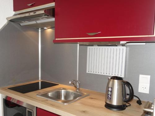 a kitchen counter with a sink and a red cabinet at Studio Le Sapin by Interhome in Demi-Quartier