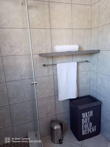 a bathroom with a shower stall with a trash can at Waterstone Park Apartment in Lombardy East