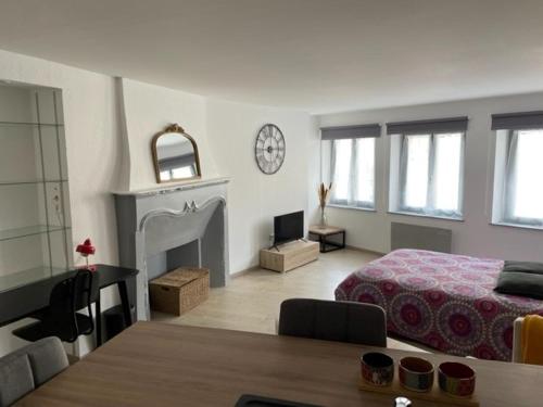 uma sala de estar com uma cama e uma lareira em F1 Centre Historique Saint Valbert em Luxeuil-les-Bains
