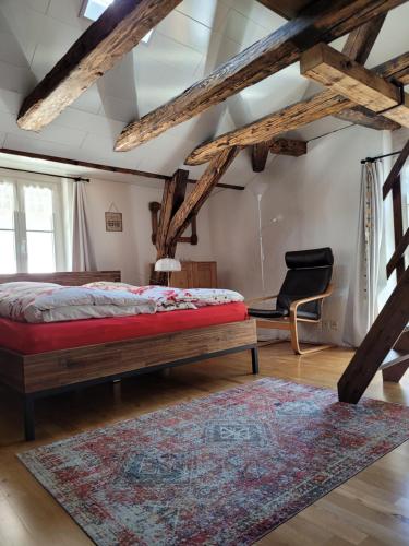 a bedroom with a bed and a chair and a rug at Ferienhaus Altstadt CH-Rheinfelden in Rheinfelden