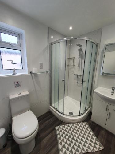 a bathroom with a shower and a toilet and a sink at Spacious Penthouse in Central Plymouth 3 Large Bedrooms in Plymouth