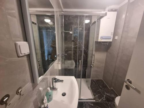 bagno con lavandino e doccia con specchio di Apartman Nika 2 a Sesvete