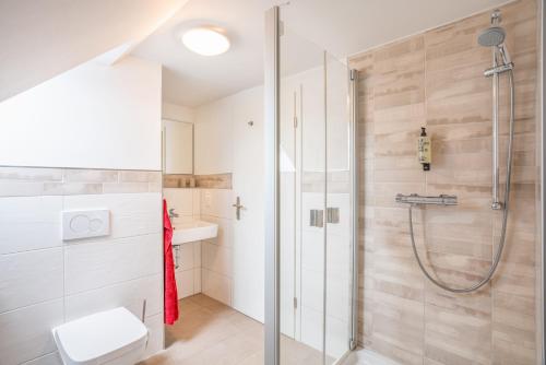 a bathroom with a shower and a toilet at Alte Liebe Zinnowitz in Zinnowitz