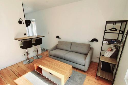 uma sala de estar com um sofá e uma mesa em Charmant studio en centre-ville em Saint-Dié-des-Vosges