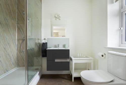 a bathroom with a shower and a toilet and a sink at Strawberry Lodge 