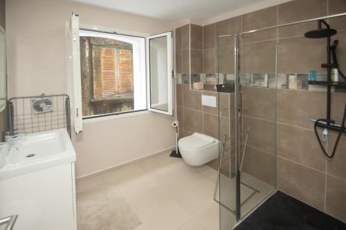 W łazience znajduje się prysznic, toaleta i umywalka. w obiekcie Les Pénates - Appt vue mer proche plage w mieście Saint-Pierre