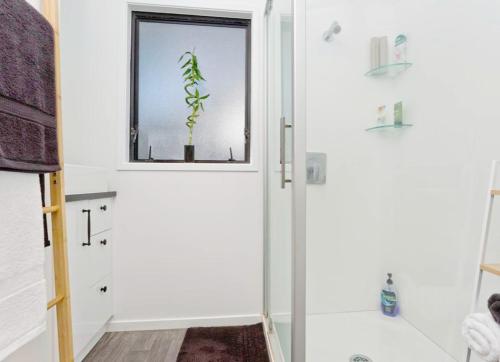 a bathroom with a shower and a plant in a window at Near motorway and supermarket in Auckland