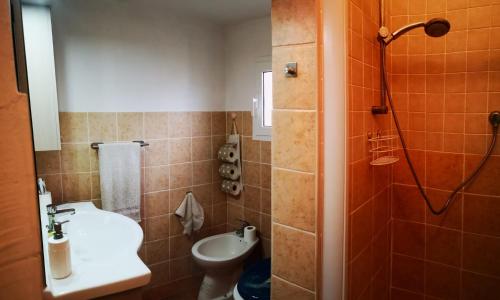 ein Bad mit einem WC, einem Waschbecken und einer Dusche in der Unterkunft La Casa Vacanze di Bea in Venturina Terme