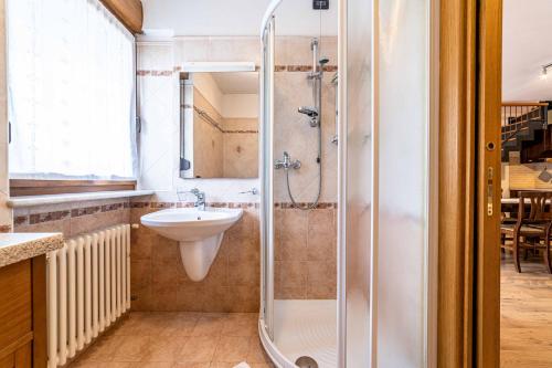 a bathroom with a shower and a sink at Appartamento Dolomiti Alleghe in Alleghe