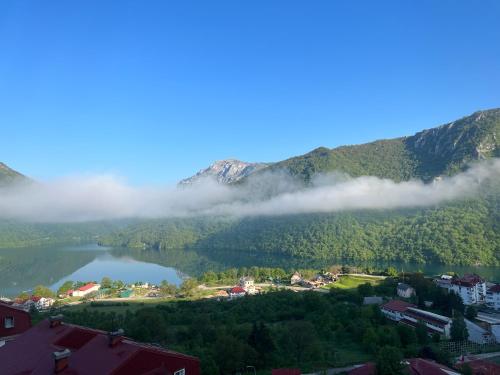 a view of a town and a lake in the mountains at Vista apart Pluzine in Plužine