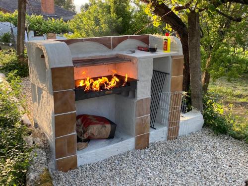a brick oven with a fire in a yard at Quinta Vista do Vale in Prova