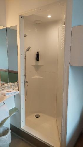 a bathroom with a shower with a glass door at ibis budget Nürnberg City Messe in Nürnberg