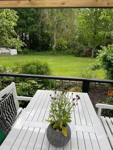 a white table with a potted plant on a balcony at Døstrup Landevejskro & Motel in Skærbæk