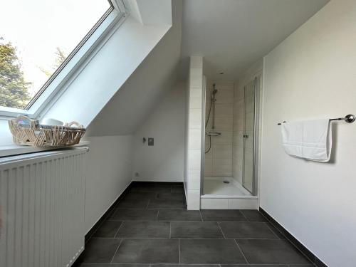 a attic bathroom with a shower and a window at Alte Schule Meyn in Meyn