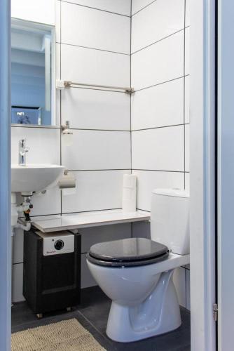 een witte badkamer met een toilet en een wastafel bij Bed and Breakfast Harvey room in Delden