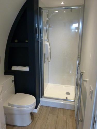 a bathroom with a toilet and a glass shower at Tanleys - Skye Pod in Grantown on Spey