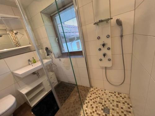 a bathroom with a shower and a toilet and a sink at Schnitzer-Stüble in Missen-Wilhams