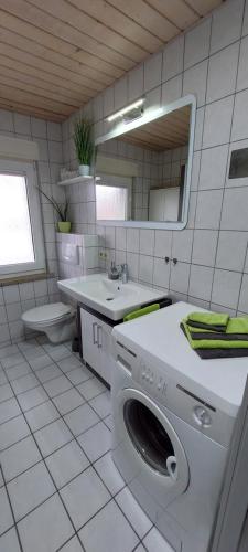 uma casa de banho com uma máquina de lavar roupa e um lavatório em Gemütliche Ferienwohnung am Schwarzwaldrand em Jettingen