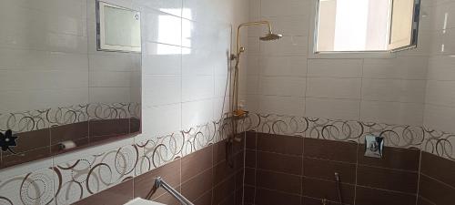 a bathroom with a shower and a sink and a mirror at Dar Lebharr Kélibia in Kelibia