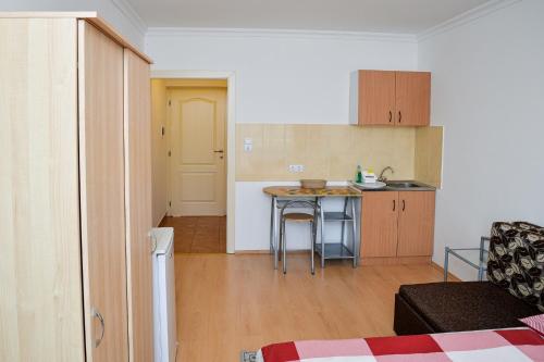 a small kitchen with a table in a room at SovaApartman in Hajdúszoboszló