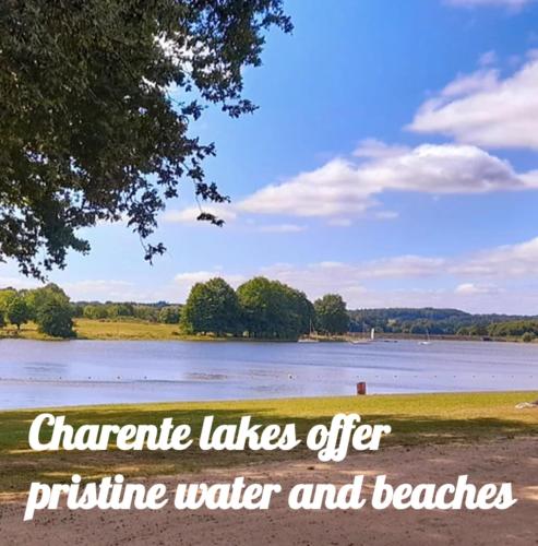 a lake with the words characteristic lakes offer picnic water and beaches at Linden Lodge Stays in Saint-Claud