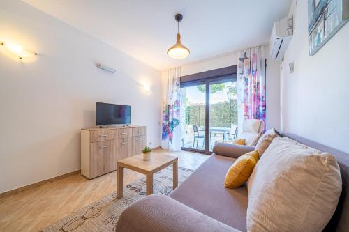 a living room with a couch and a tv at Apartments Svetlana in Tivat