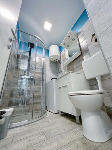 a bathroom with a shower and a toilet at Luxury Apartman ASIA Rijeka with SEA VIEW in Rijeka