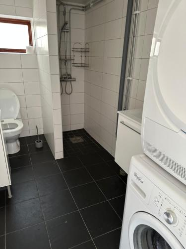 a bathroom with a washing machine and a toilet at House in Akersberga Stockholm Beach and Sea in Åkersberga