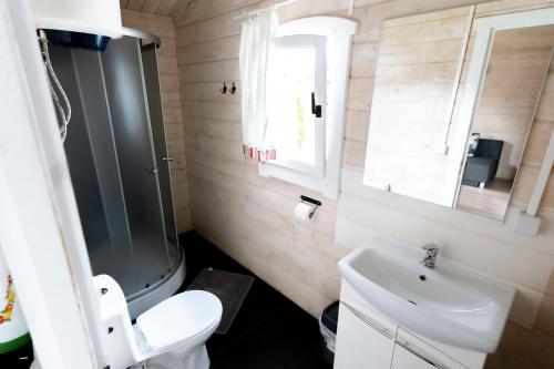 een badkamer met een wit toilet en een wastafel bij domki szenodo na Jodłowej in Debina