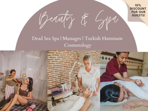 a collage of photos of a woman bathing a girl at Spacious One Bedroom Apartment in Caesar Resort & SPA, Long Beach in Perivolia tou Trikomou