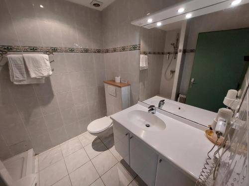 uma casa de banho com um lavatório branco e um WC. em Logis Hotels - Hôtel Le Relais des Garrigues em Grisolles