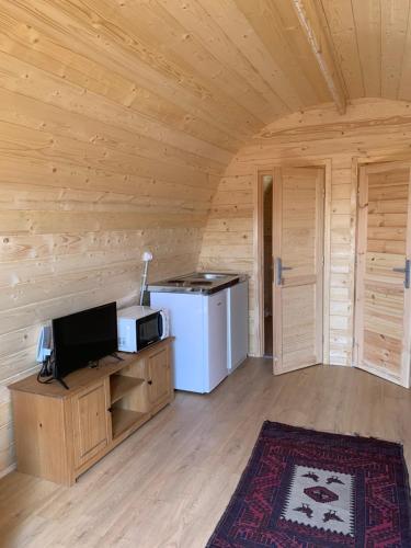 Zimmer mit einem Kühlschrank und einer Mikrowelle in einem Holzzimmer in der Unterkunft Bungalow 4 personas - Camping Playa de Tapia in Tapia de Casariego