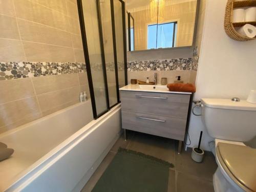 une salle de bain avec un lavabo, des toilettes et un miroir dans l'établissement Cosy appart lumineux avec grande terrasse, à Martigues