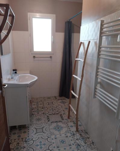 une petite salle de bain avec un lavabo et une douche dans l'établissement Mimizan Jolie maison moderne avec piscine chauffée 4 Ch et jardin, à Mimizan