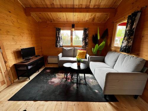 a living room with a couch and a table at Lodge on the campsite in Oostvoorne