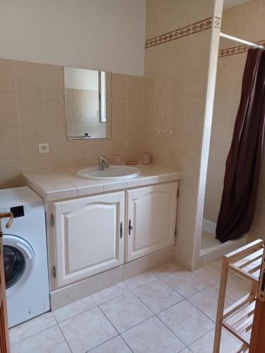 een badkamer met een wastafel en een wasmachine bij le soleil du verdon in Baudinard