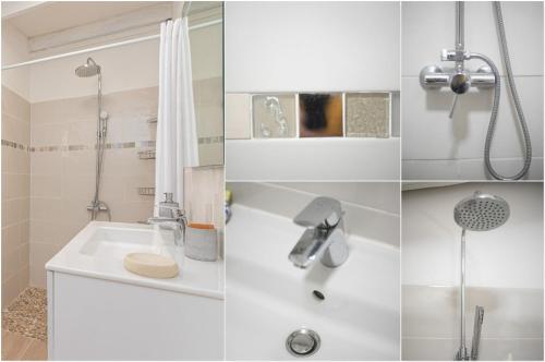 Un baño blanco con ducha y lavabo. en Villa Pointe Chaudière, en Le Vauclin
