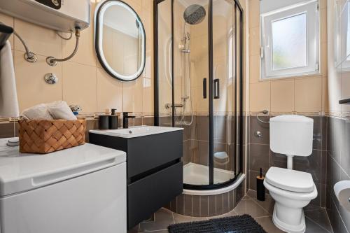 La salle de bains est pourvue d'une douche, de toilettes et d'un lavabo. dans l'établissement Villa Lux, à Promajna